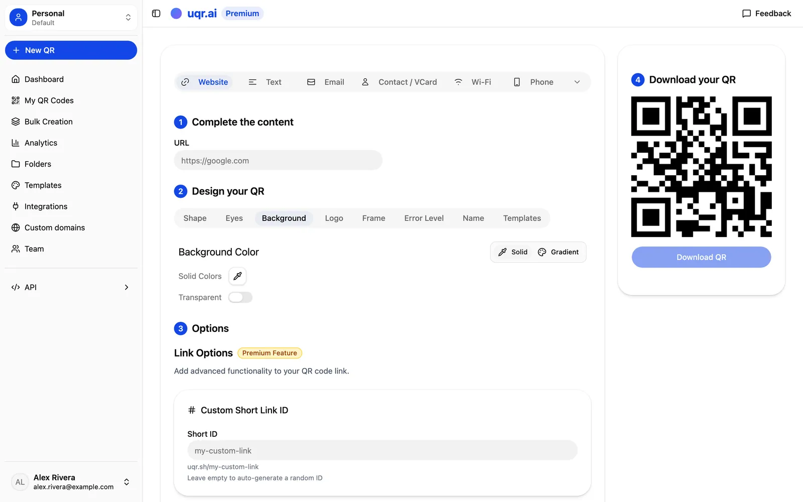Customizing QR code colors and style with a live preview