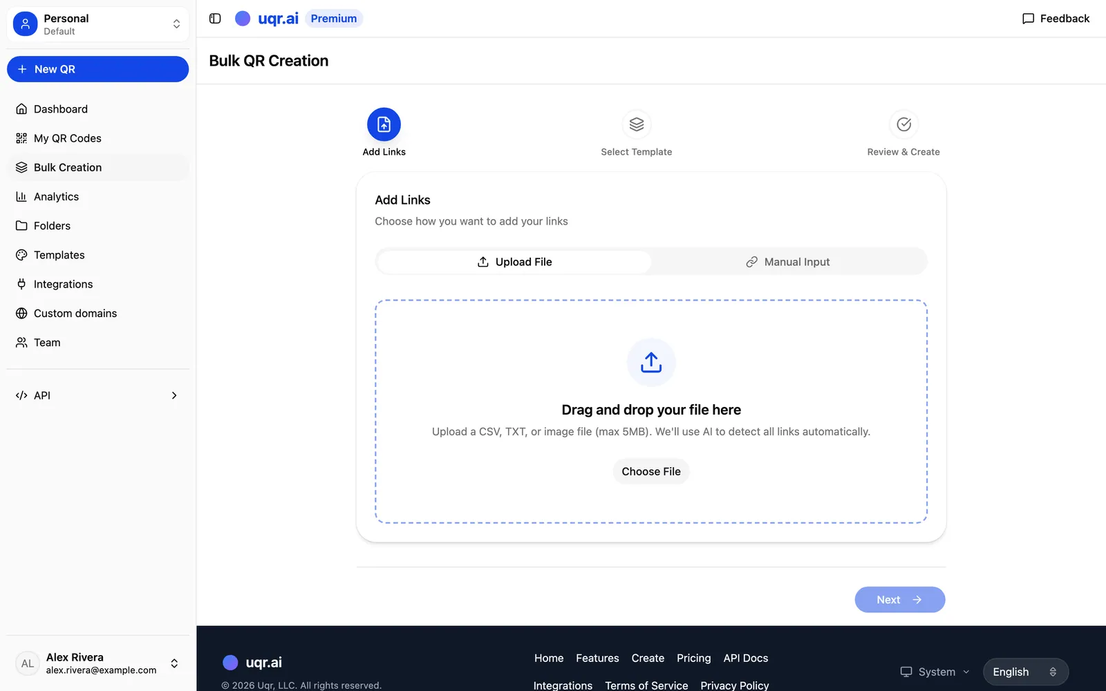 Uploading a CSV to bulk-create QR codes in uqr.ai