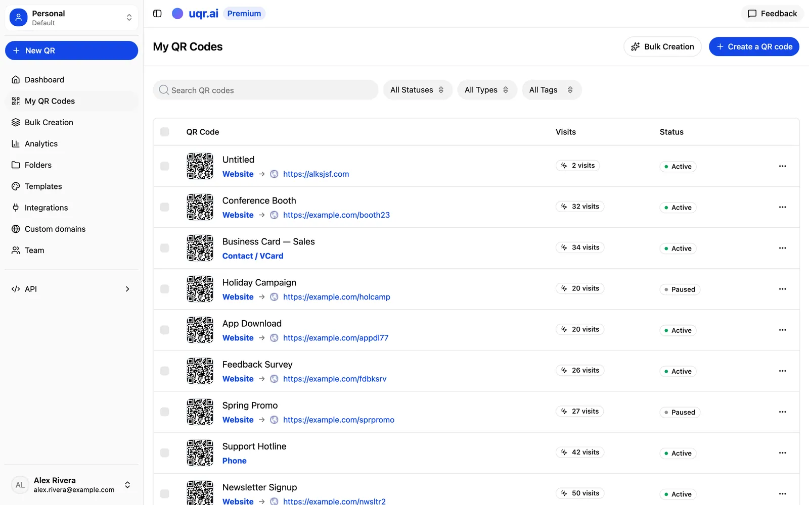 The My QR Codes dashboard listing dynamic codes