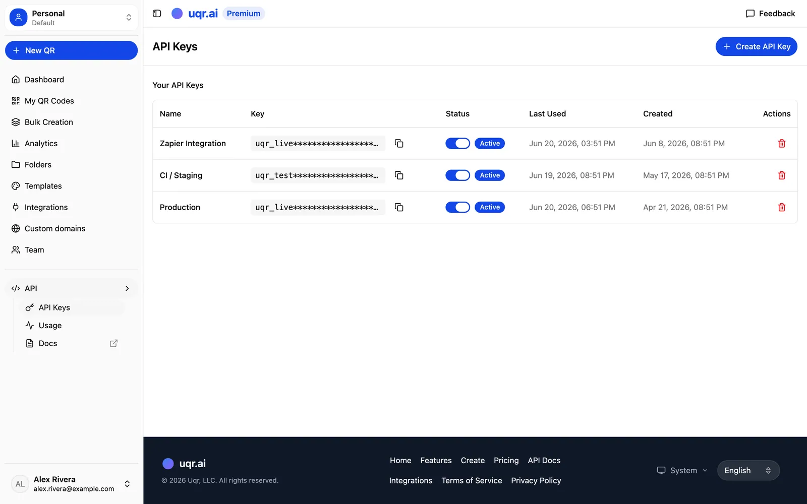 Managing API keys in uqr.ai