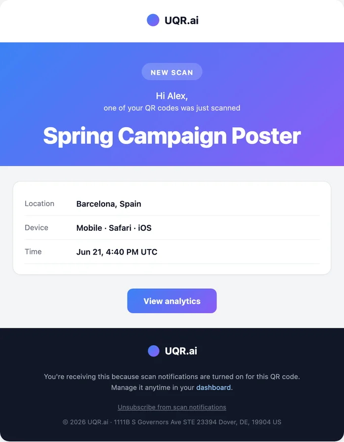 A real-time scan alert email showing the QR name, scanner location, device, and time